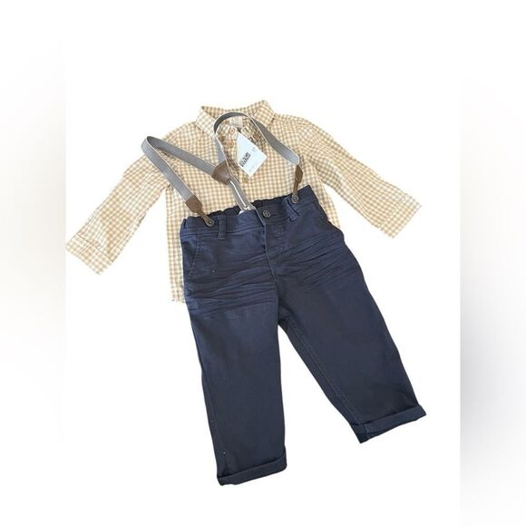 H&M Plaid Shirt and Navy Pants with Suspenders - Picture 1 of 6